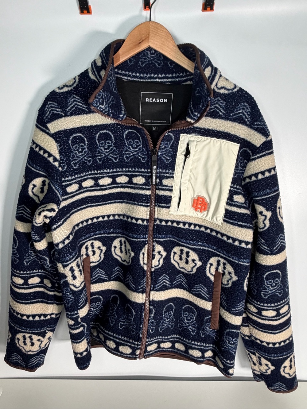 Reason Men's Blue White Smiley Print Fleece Full Zip Jacket Size M